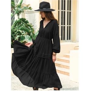 Black Bohemian Maxi Dress Chiffon Neck Ties Long Sleeve Ruffle Hem Flowy